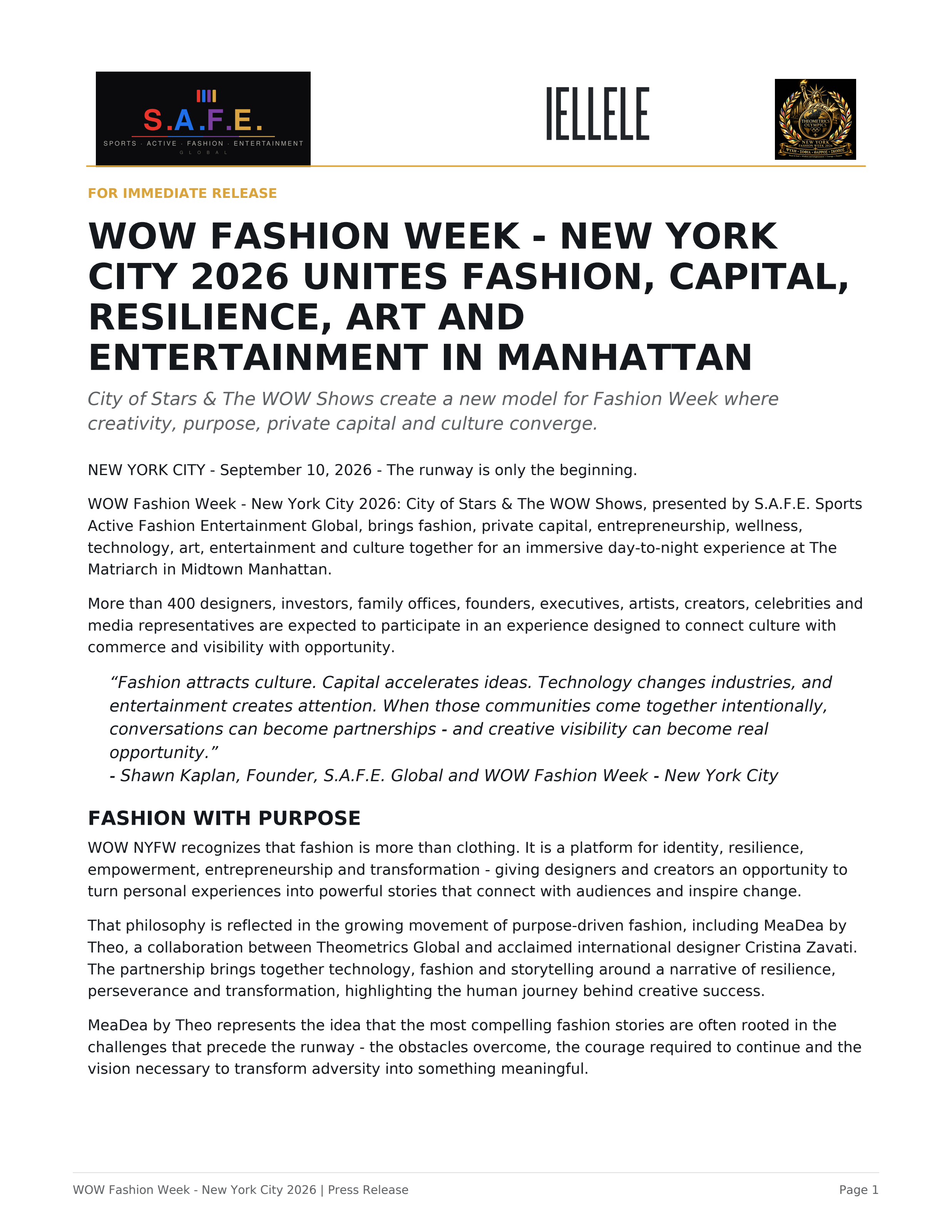 WOW Fashion Week - New York City 2026 Unites Fashion, Capital, Resilience, Art and Entertainment in Manhattan — page 1